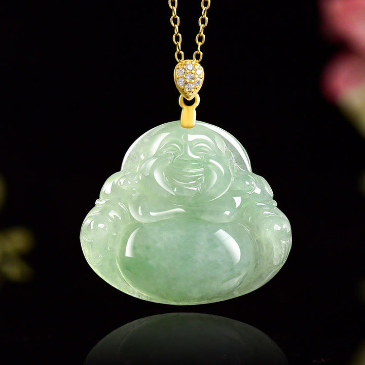 Collar con Buddha Stones sonriente de jade natural en plata de ley 925 con piedras de Buda, cadena de la suerte y la prosperidad. - Jade (Prosperidad♥Abundancia) - image 1