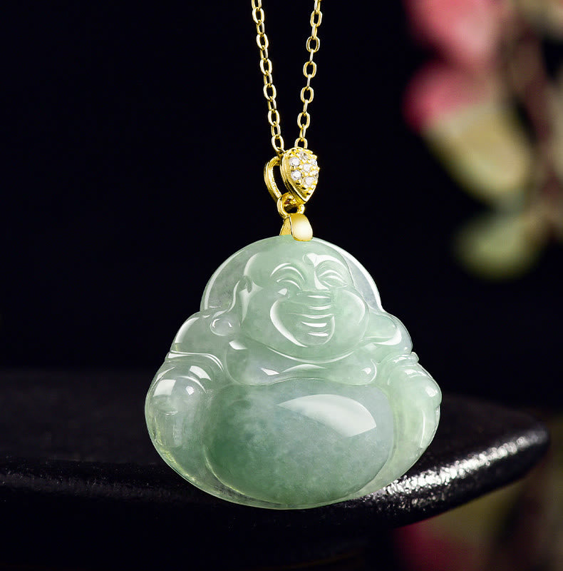 Collar con Buddha Stones sonriente de jade natural en plata de ley 925 con piedras de Buda, cadena de la suerte y la prosperidad. - image 2