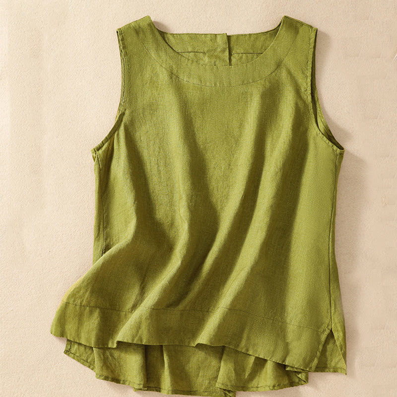 Chaleco de lino y algodón para mujer, informal, con botones en la espalda, cuello redondo asimétrico, sin mangas, de Buddha Stones - Verde amarillento - US8-10，UK/AU12-14，EU40-42 (2XL) - image 3