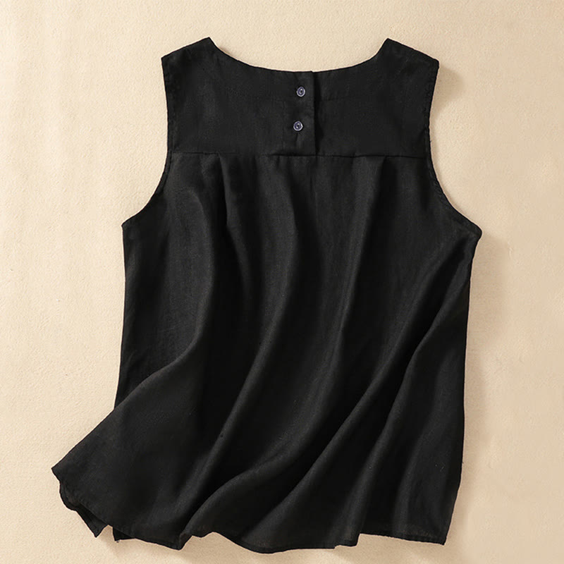Chaleco de lino y algodón para mujer, informal, con botones en la espalda, cuello redondo asimétrico, sin mangas, de Buddha Stones - Negro - US8-10，UK/AU12-14，EU40-42 (2XL) - image 19