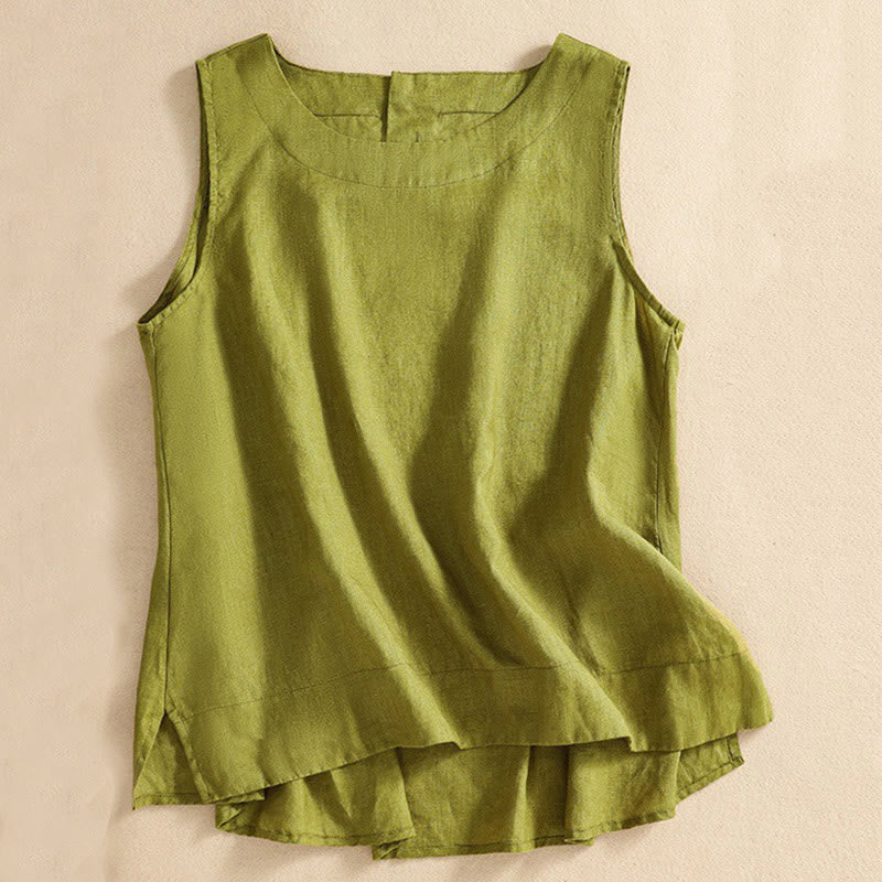Chaleco de lino y algodón para mujer, informal, con botones en la espalda, cuello redondo asimétrico, sin mangas, de Buddha Stones - image 5