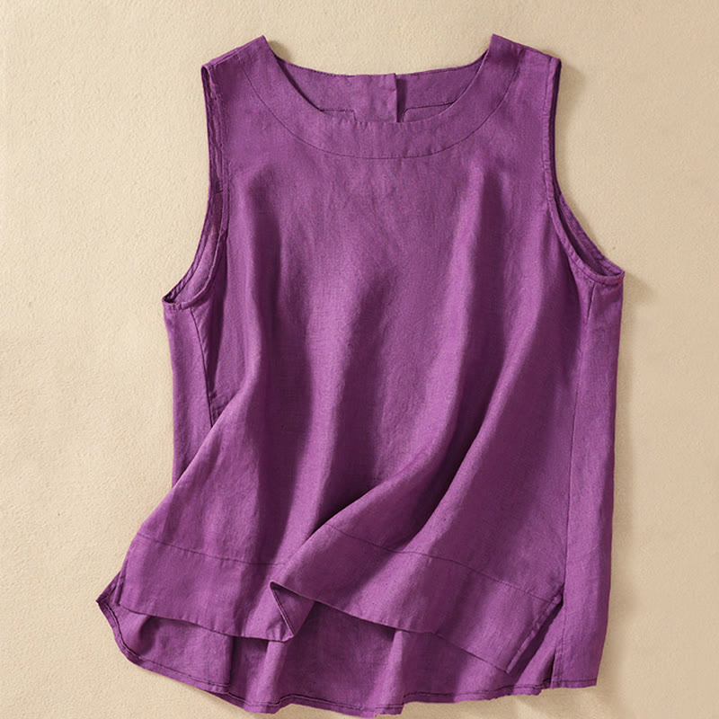 Chaleco de lino y algodón para mujer, informal, con botones en la espalda, cuello redondo asimétrico, sin mangas, de Buddha Stones - Orquídea mediana - US8-10，UK/AU12-14，EU40-42 (2XL) - image 0