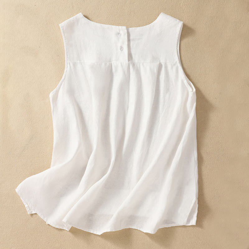 Chaleco de lino y algodón para mujer, informal, con botones en la espalda, cuello redondo asimétrico, sin mangas, de Buddha Stones - Blanco - US8-10，UK/AU12-14，EU40-42 (2XL) - image 9