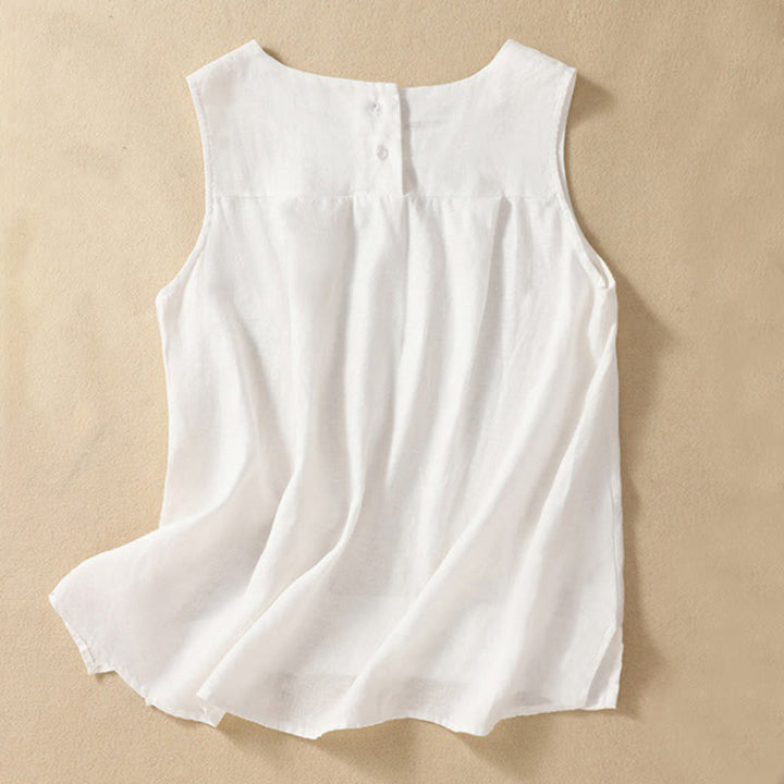 Chaleco de lino y algodón para mujer, informal, con botones en la espalda, cuello redondo asimétrico, sin mangas, de Buddha Stones - Blanco - US8-10，UK/AU12-14，EU40-42 (2XL) - image 9