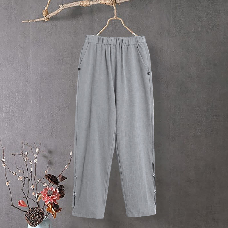 Pantalones de lino y algodón para mujer con diseño casual de Buddha Stones, color puro, con puños abotonados y bolsillos - Plata - US14, UK/AU18, EU46 (3XL) - image 22
