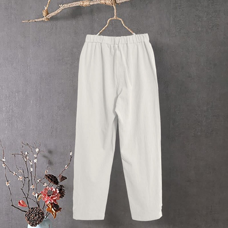 Pantalones de lino y algodón para mujer con diseño casual de Buddha Stones, color puro, con puños abotonados y bolsillos - image 11