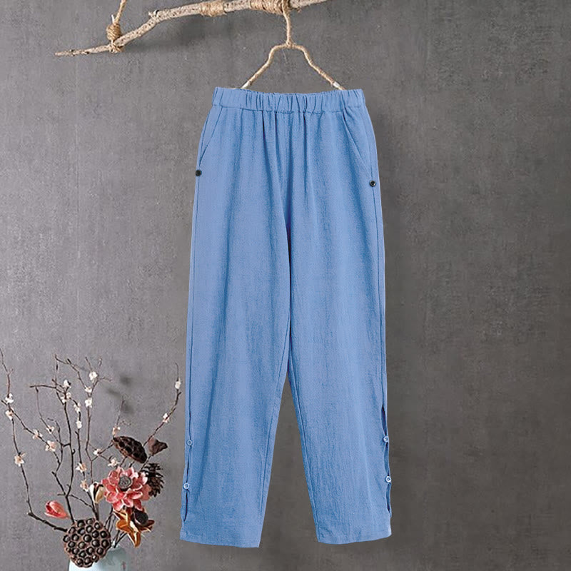 Pantalones de lino y algodón para mujer con diseño casual de Buddha Stones, color puro, con puños abotonados y bolsillos - image 15