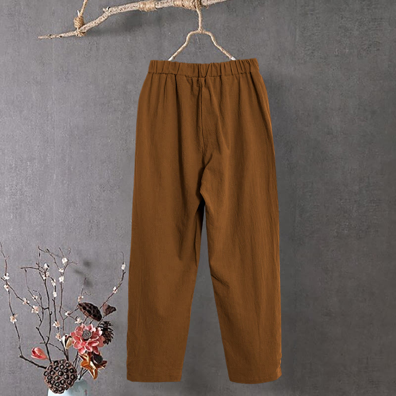 Pantalones de lino y algodón para mujer con diseño casual de Buddha Stones, color puro, con puños abotonados y bolsillos - image 8