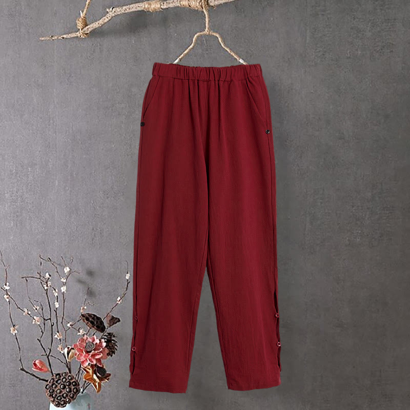 Pantalones de lino y algodón para mujer con diseño casual de Buddha Stones, color puro, con puños abotonados y bolsillos - Ladrillo refractario - US14, UK/AU18, EU46 (3XL) - image 12