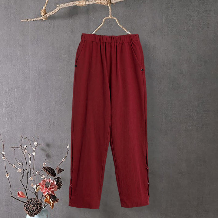 Pantalones de lino y algodón para mujer con diseño casual de Buddha Stones, color puro, con puños abotonados y bolsillos - Ladrillo refractario - US14, UK/AU18, EU46 (3XL) - image 12