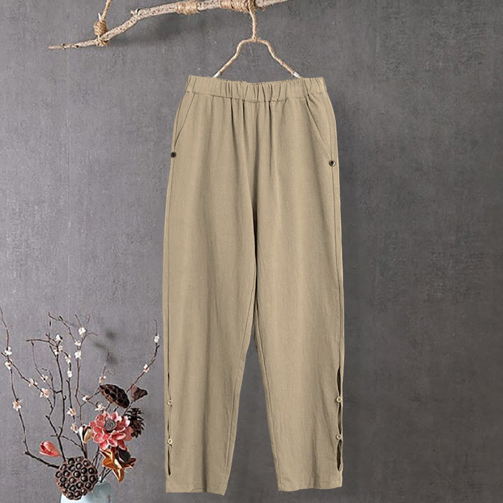 Pantalones de lino y algodón para mujer con diseño casual de Buddha Stones, color puro, con puños abotonados y bolsillos - Vara de oro pálida - US14, UK/AU18, EU46 (3XL) - image 1