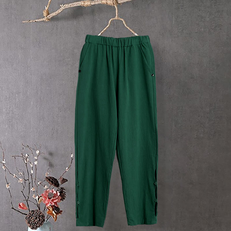 Pantalones de lino y algodón para mujer con diseño casual de Buddha Stones, color puro, con puños abotonados y bolsillos - image 18