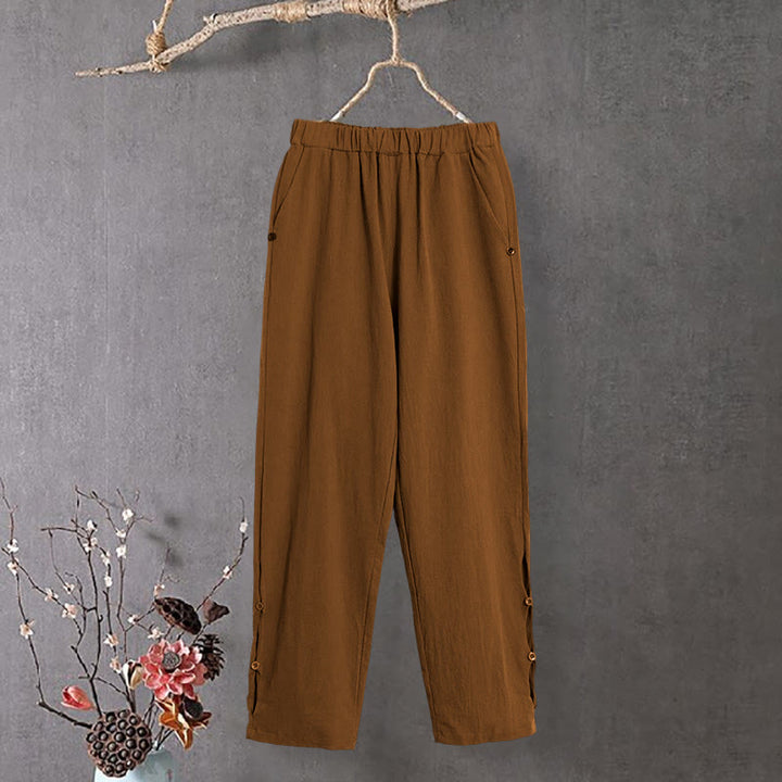 Pantalones de lino y algodón para mujer con diseño casual de Buddha Stones, color puro, con puños abotonados y bolsillos - Vara de oro oscura - US14, UK/AU18, EU46 (3XL) - image 7