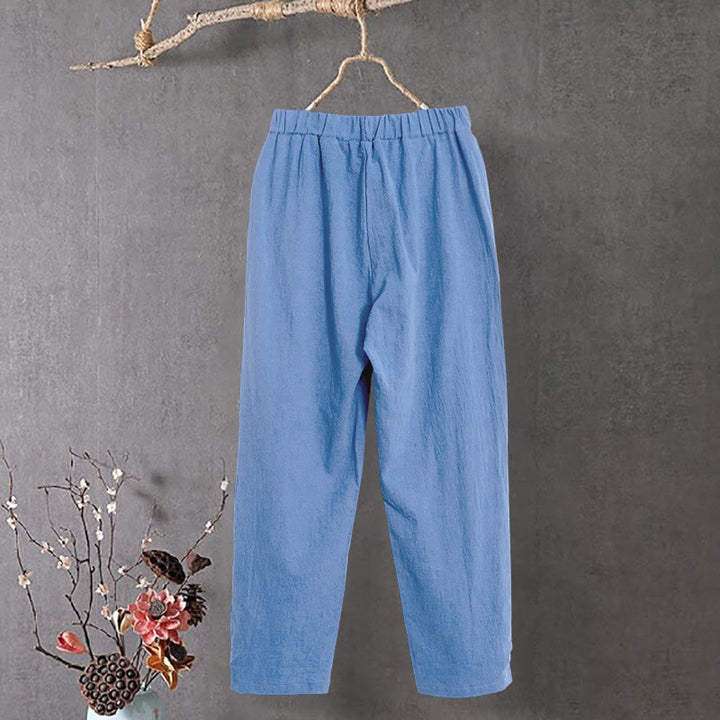 Pantalones de lino y algodón para mujer con diseño casual de Buddha Stones, color puro, con puños abotonados y bolsillos - image 17
