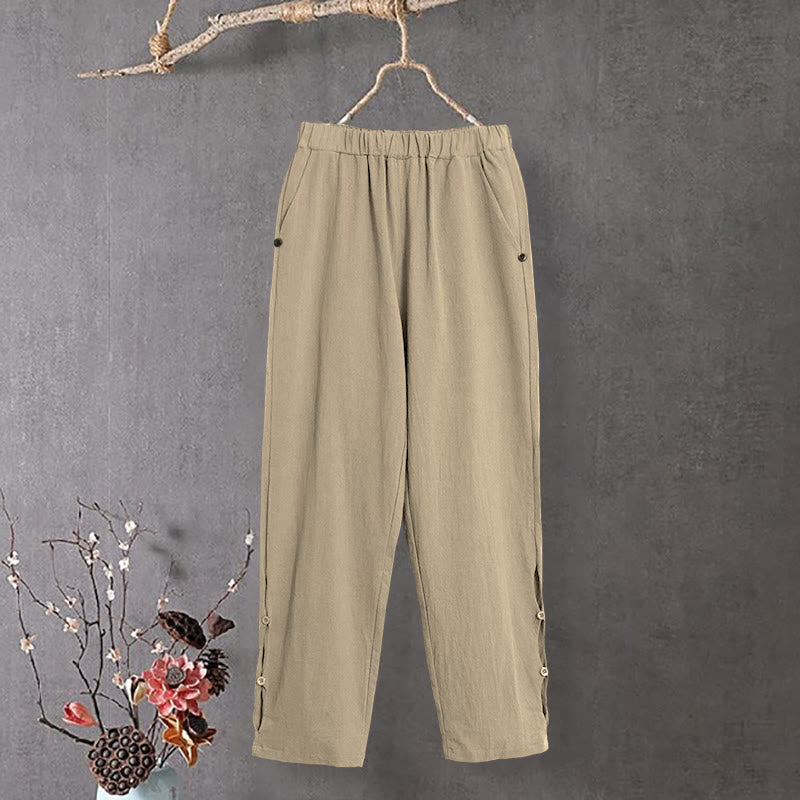 Pantalones de lino y algodón para mujer con diseño casual de Buddha Stones, color puro, con puños abotonados y bolsillos - image 0