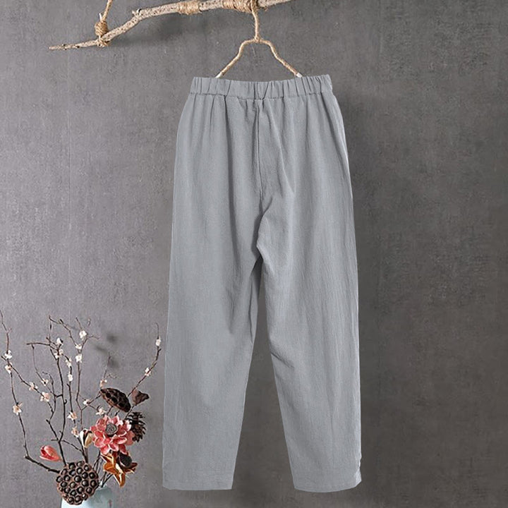 Pantalones de lino y algodón para mujer con diseño casual de Buddha Stones, color puro, con puños abotonados y bolsillos - image 23