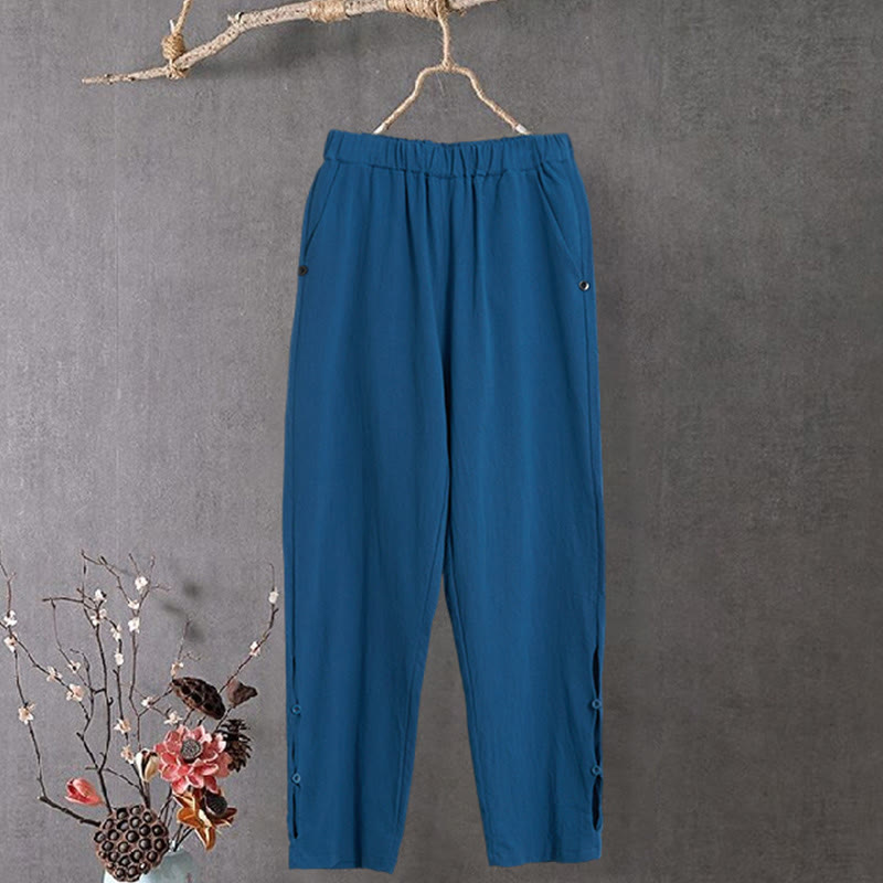 Pantalones de lino y algodón para mujer con diseño casual de Buddha Stones, color puro, con puños abotonados y bolsillos - Azul acero - US14, UK/AU18, EU46 (3XL) - image 25