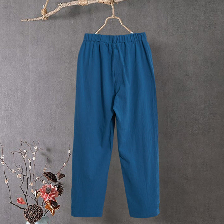 Pantalones de lino y algodón para mujer con diseño casual de Buddha Stones, color puro, con puños abotonados y bolsillos - image 26