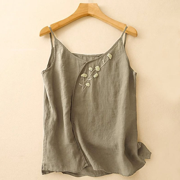 Chaleco sin mangas de lino y algodón para mujer con diseño asimétrico y bordado étnico de Buddha Stones - Verde oliva oscuro - US14, UK/AU18, EU46 (4XL) - image 0