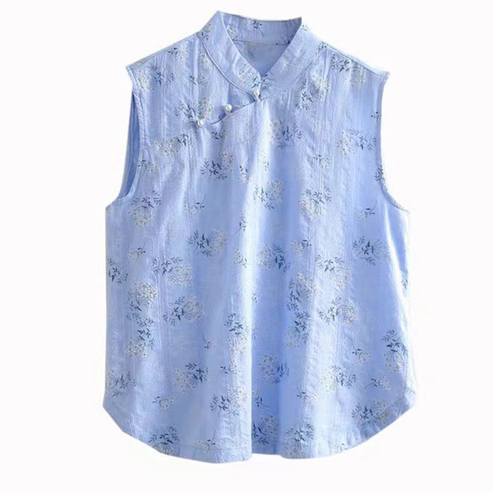 Chaleco sin mangas de algodón para mujer con estampado retro de Buddha Stones y estampado floral de plantas y botones de rana china - image 29