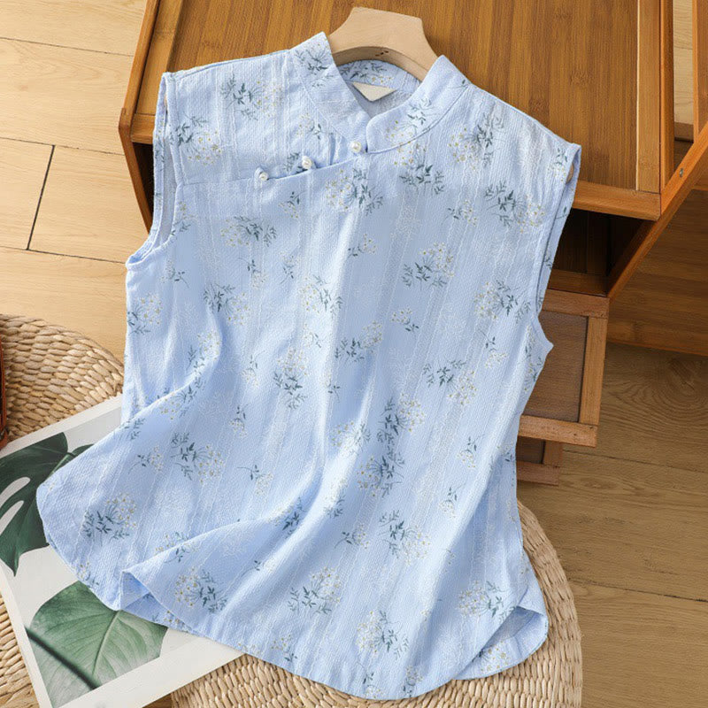 Chaleco sin mangas de algodón para mujer con estampado retro de Buddha Stones y estampado floral de plantas y botones de rana china - Azul aciano - US8-10，UK/AU12-14，EU40-42 (2XL) - image 23