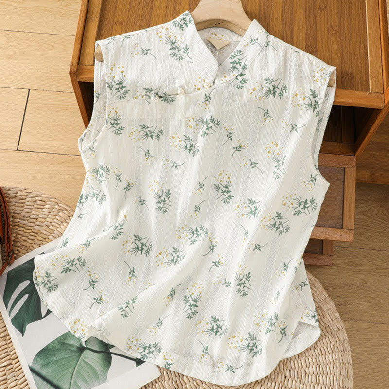 Chaleco sin mangas de algodón para mujer con estampado retro de Buddha Stones y estampado floral de plantas y botones de rana china - Blanco - US8-10，UK/AU12-14，EU40-42 (2XL) - image 0