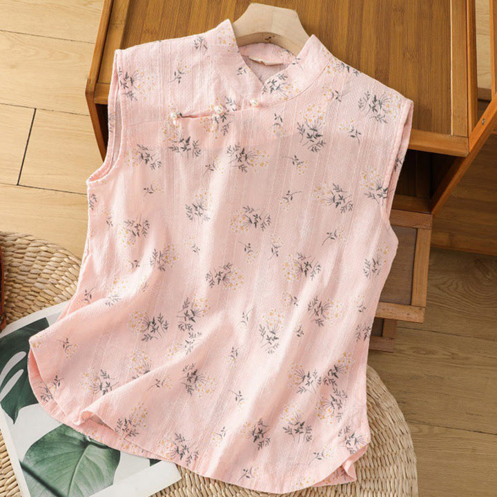 Chaleco sin mangas de algodón para mujer con estampado retro de Buddha Stones y estampado floral de plantas y botones de rana china - Rosa - US8-10，UK/AU12-14，EU40-42 (2XL) - image 10
