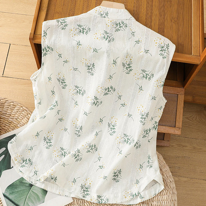 Chaleco sin mangas de algodón para mujer con estampado retro de Buddha Stones y estampado floral de plantas y botones de rana china - image 1