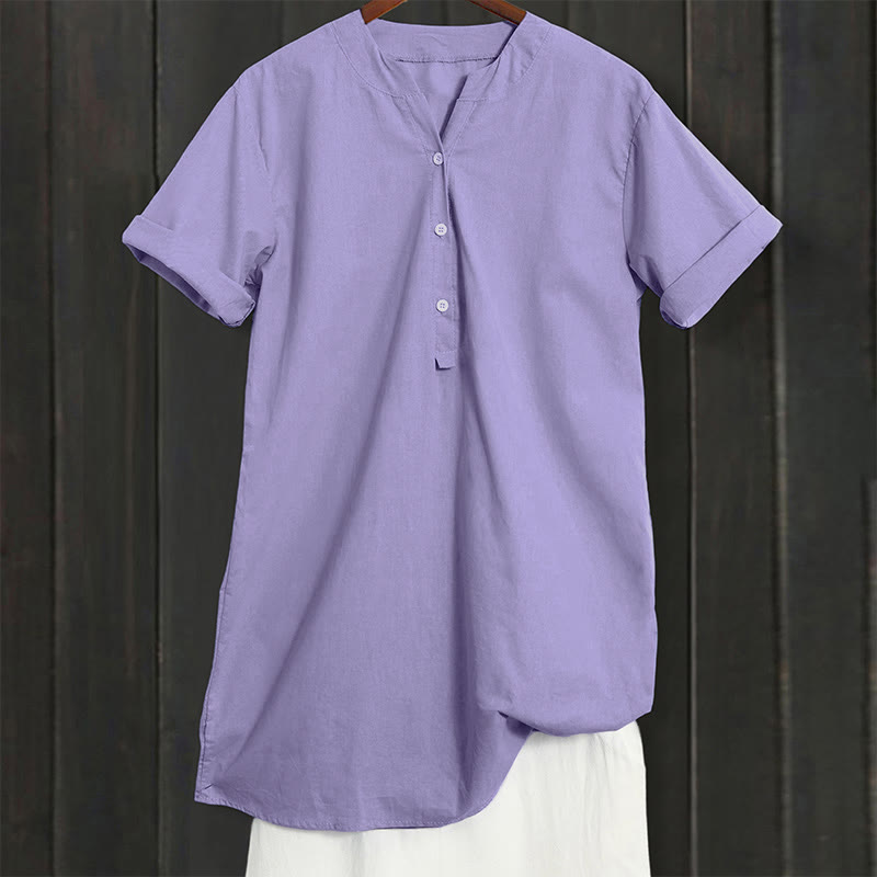 Camisa informal de manga corta con cuello entallado y botones lisos de Buddha Stones para mujer - image 1