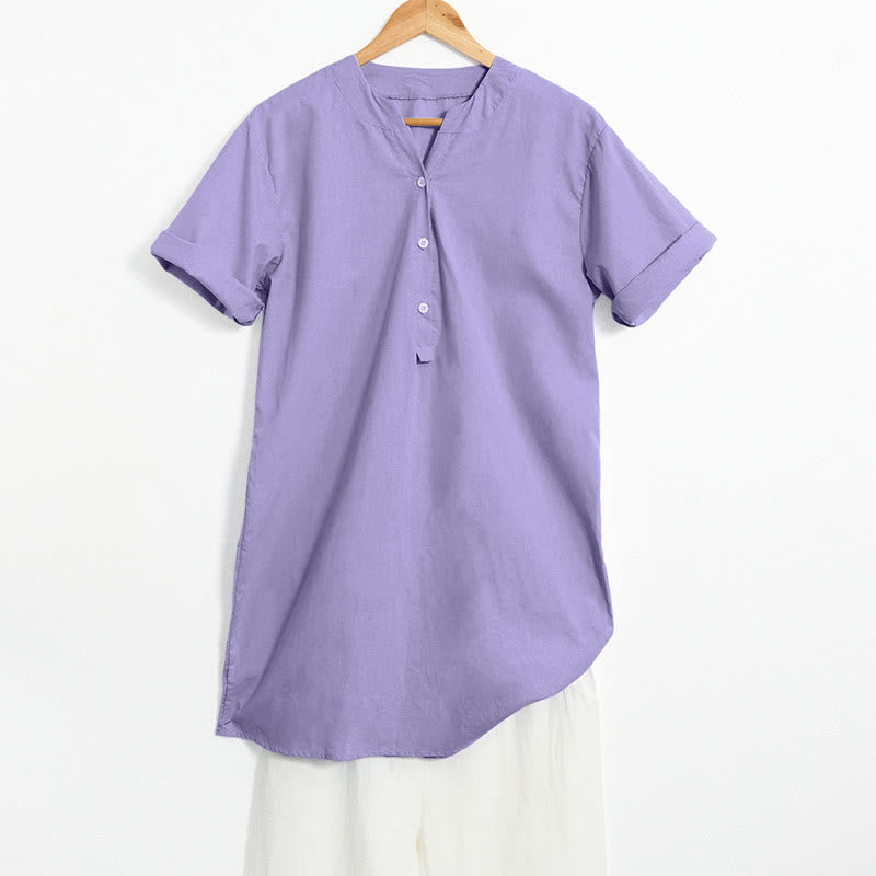 Camisa informal de manga corta con cuello entallado y botones lisos de Buddha Stones para mujer - Orquídea mediana - US20，UK/AU24，EU52 (5XL) - image 0