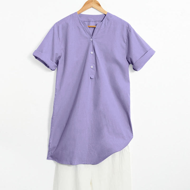 Camisa informal de manga corta con cuello entallado y botones lisos de Buddha Stones para mujer - Orquídea mediana - US20，UK/AU24，EU52 (5XL) - image 0