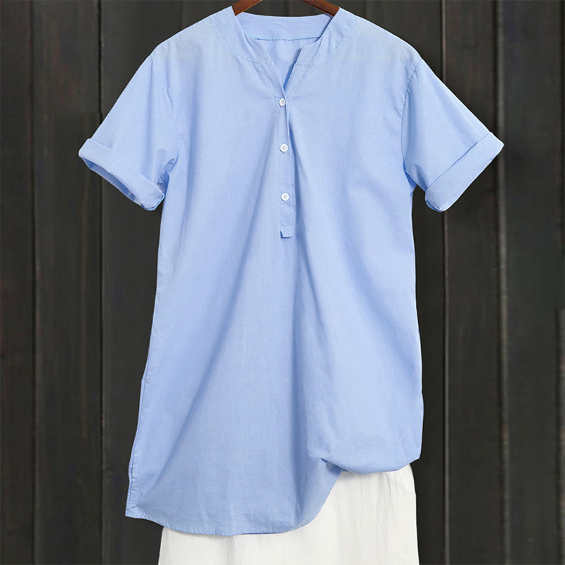 Camisa informal de manga corta con cuello entallado y botones lisos de Buddha Stones para mujer - image 7