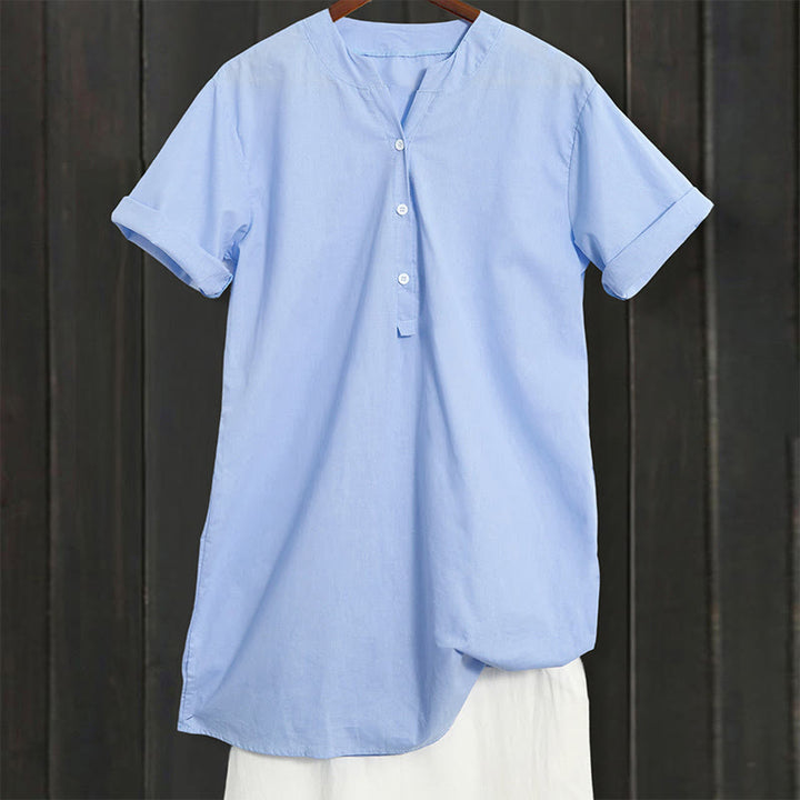 Camisa informal de manga corta con cuello entallado y botones lisos de Buddha Stones para mujer - image 7