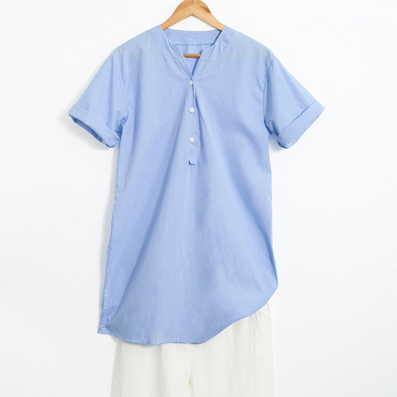 Camisa informal de manga corta con cuello entallado y botones lisos de Buddha Stones para mujer - Azul acero claro - US20，UK/AU24，EU52 (5XL) - image 5