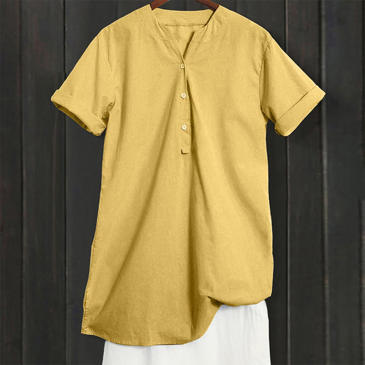 Camisa informal de manga corta con cuello entallado y botones lisos de Buddha Stones para mujer - image 11