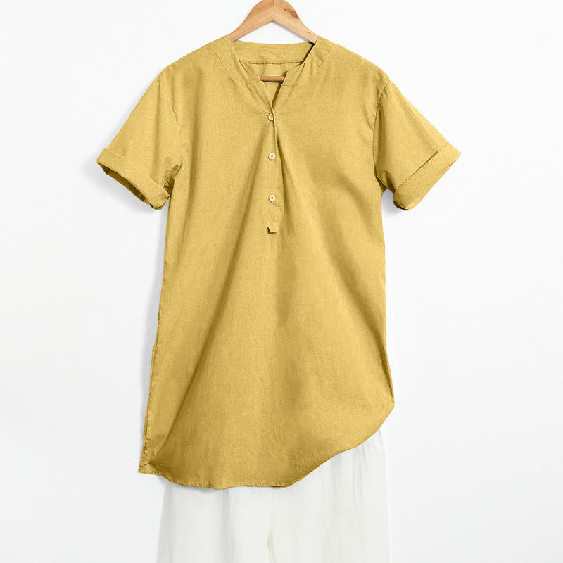 Camisa informal de manga corta con cuello entallado y botones lisos de Buddha Stones para mujer - Vara de oro - US20，UK/AU24，EU52 (5XL) - image 10