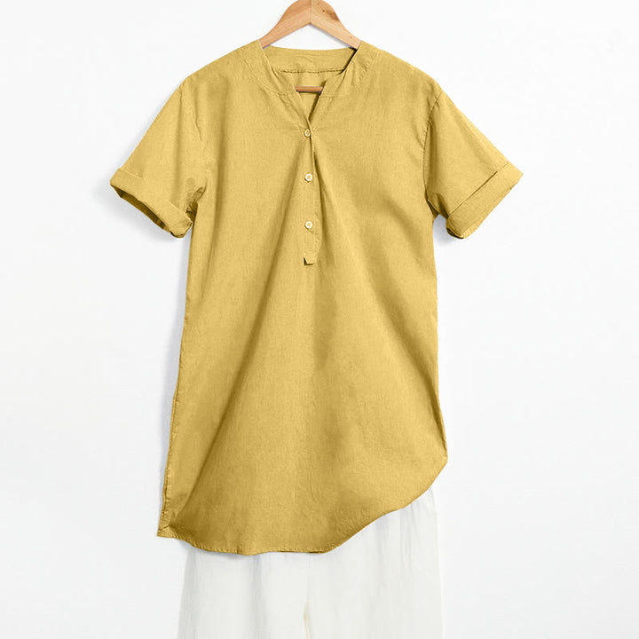 Camisa informal de manga corta con cuello entallado y botones lisos de Buddha Stones para mujer - Vara de oro - US20，UK/AU24，EU52 (5XL) - image 10