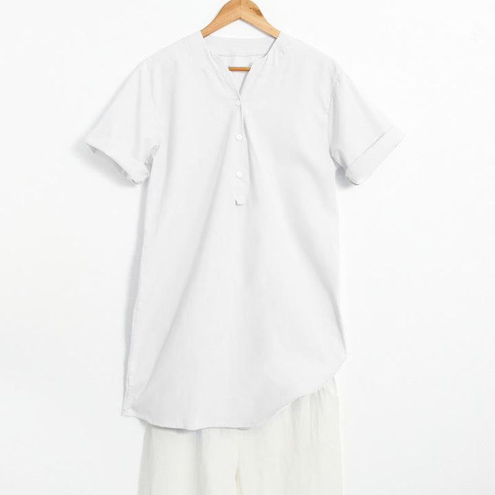 Camisa informal de manga corta con cuello entallado y botones lisos de Buddha Stones para mujer - Blanco - US20，UK/AU24，EU52 (5XL) - image 15