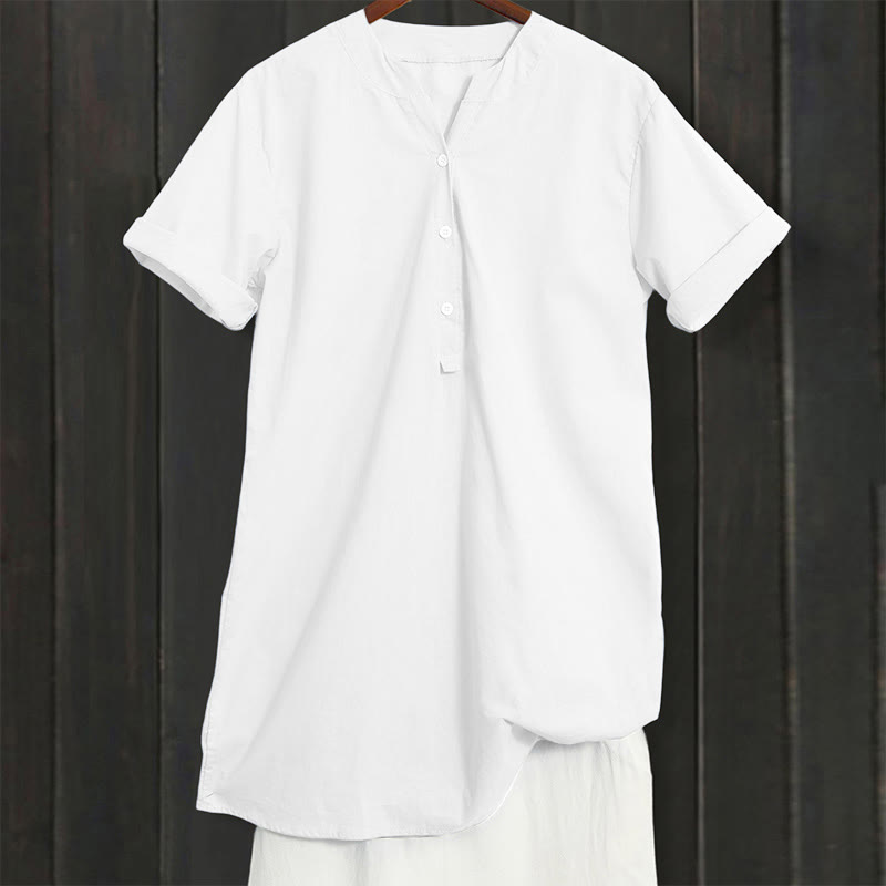 Camisa informal de manga corta con cuello entallado y botones lisos de Buddha Stones para mujer - image 17