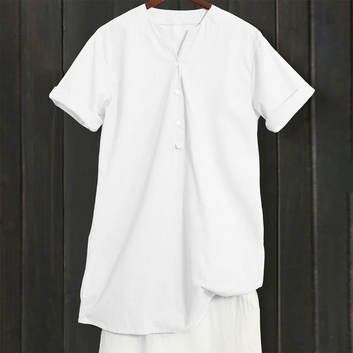 Camisa informal de manga corta con cuello entallado y botones lisos de Buddha Stones para mujer - image 17