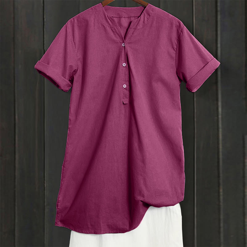 Camisa informal de manga corta con cuello entallado y botones lisos de Buddha Stones para mujer - image 22