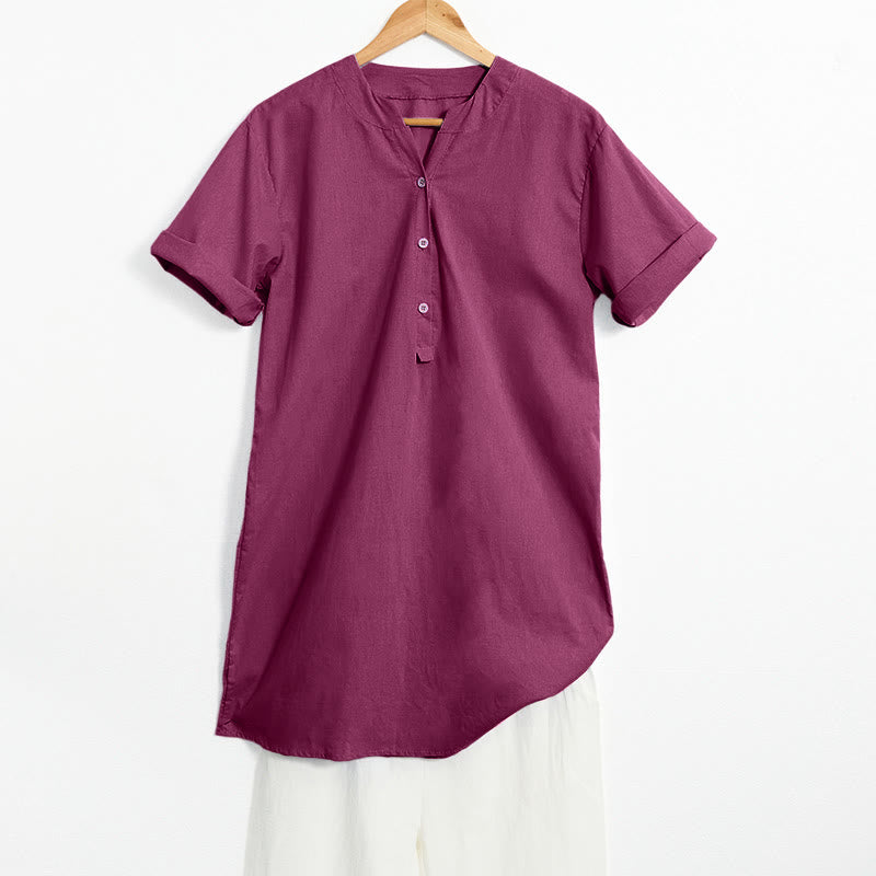 Camisa informal de manga corta con cuello entallado y botones lisos de Buddha Stones para mujer - Violeta medio rojo - US20，UK/AU24，EU52 (5XL) - image 20