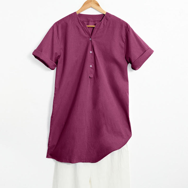 Camisa informal de manga corta con cuello entallado y botones lisos de Buddha Stones para mujer - Violeta medio rojo - US20，UK/AU24，EU52 (5XL) - image 20