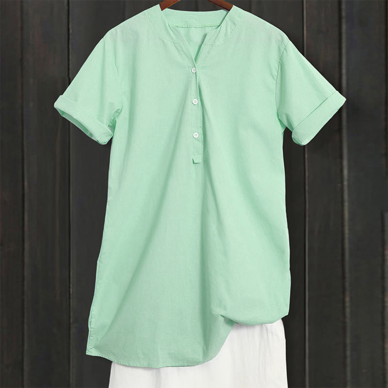 Camisa informal de manga corta con cuello entallado y botones lisos de Buddha Stones para mujer - image 27
