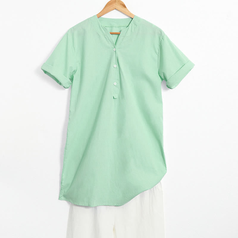 Camisa informal de manga corta con cuello entallado y botones lisos de Buddha Stones para mujer - Verde pálido - US20，UK/AU24，EU52 (5XL) - image 25