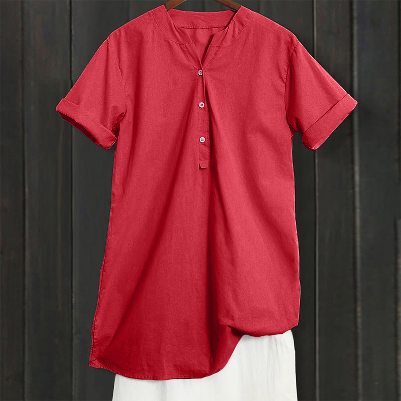 Camisa informal de manga corta con cuello entallado y botones lisos de Buddha Stones para mujer - image 32