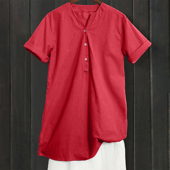 Camisa informal de manga corta con cuello entallado y botones lisos de Buddha Stones para mujer - image 32