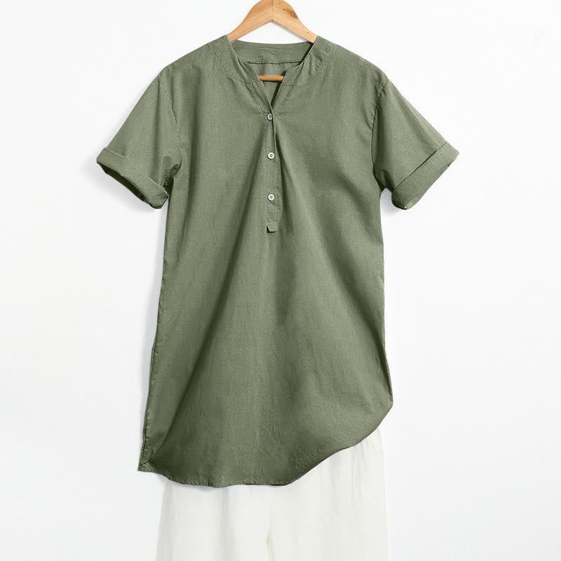 Camisa informal de manga corta con cuello entallado y botones lisos de Buddha Stones para mujer - Verdemar - US20，UK/AU24，EU52 (5XL) - image 35