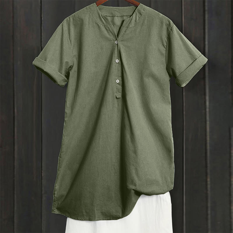 Camisa informal de manga corta con cuello entallado y botones lisos de Buddha Stones para mujer - image 38
