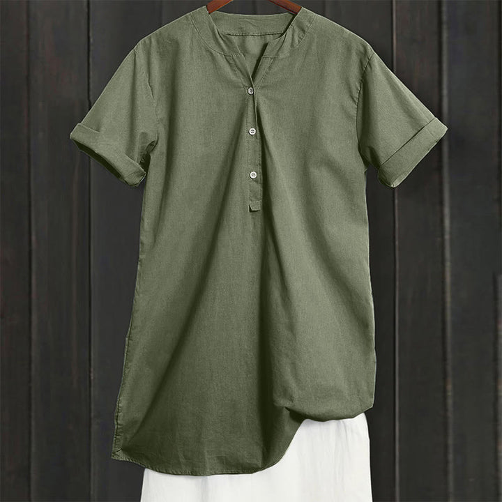 Camisa informal de manga corta con cuello entallado y botones lisos de Buddha Stones para mujer - image 38